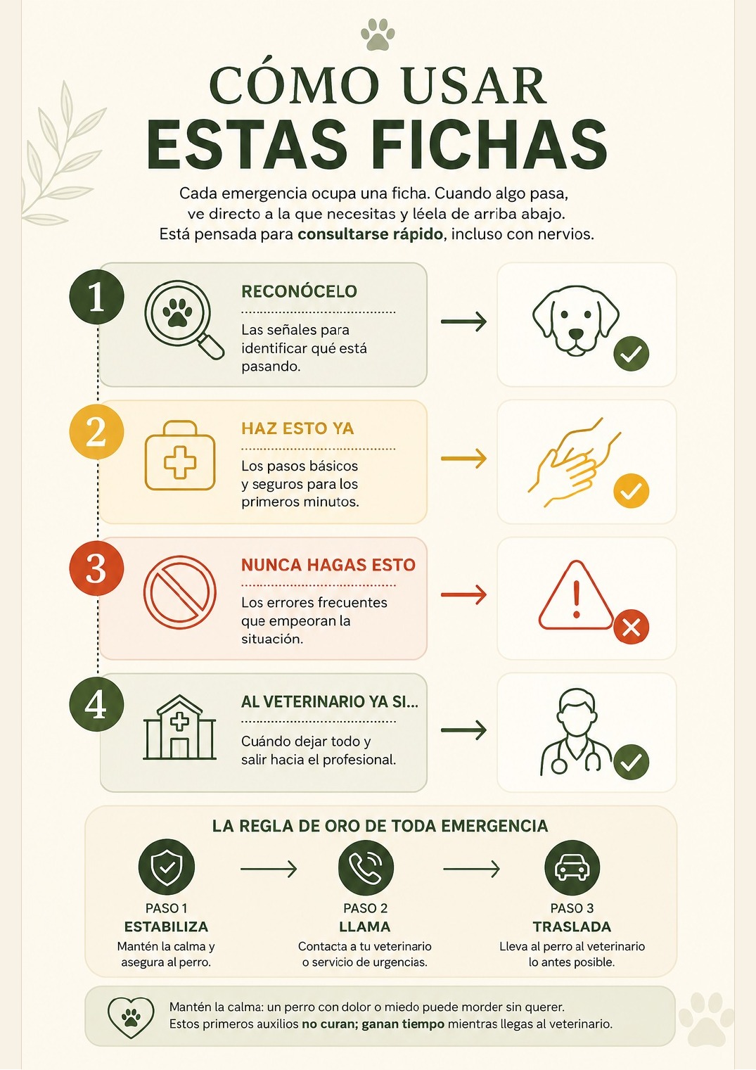 Página interior del Botiquín Canino que explica cómo usar las fichas de emergencia